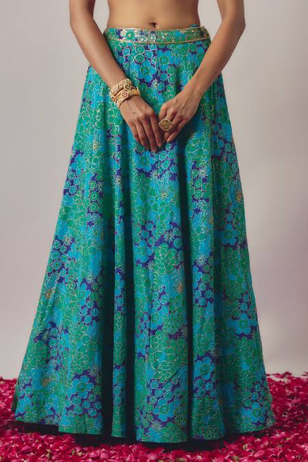 Krishna Padia_Blue Silk Organza, Crepe Bluebell Bloom Print And Embellished Lehenga Set _Online_at_Aza_Fashions