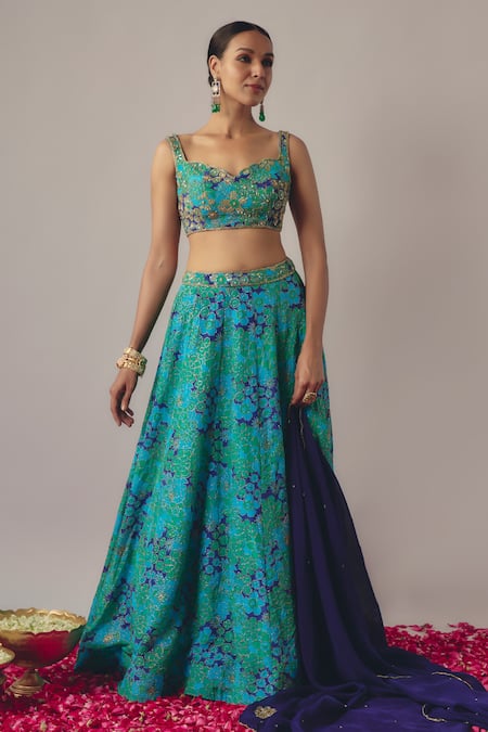Buy_Krishna Padia_Blue Silk Organza, Crepe Bluebell Bloom Print And Embellished Lehenga Set _Online_at_Aza_Fashions
