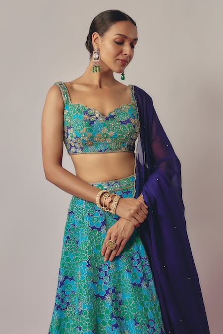 Shop_Krishna Padia_Blue Silk Organza, Crepe Bluebell Bloom Print And Embellished Lehenga Set _Online_at_Aza_Fashions