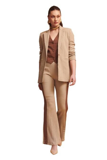 Shop_Torqadorn_Beige Georgette Textured Lapel Collar Oversized Blazer