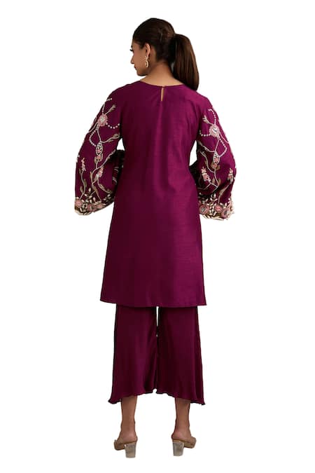 Label Deepshika Agarwal Wine Cotton, Silk Embroidery Asymmetric Hand Kurta And Pant Set Online at Aza Fashions Label Deepshika Agarwal_Wine Cotton, Silk Embroidery Asymmetric Hand Kurta And Pant Set _Online_at_Aza_Fashions