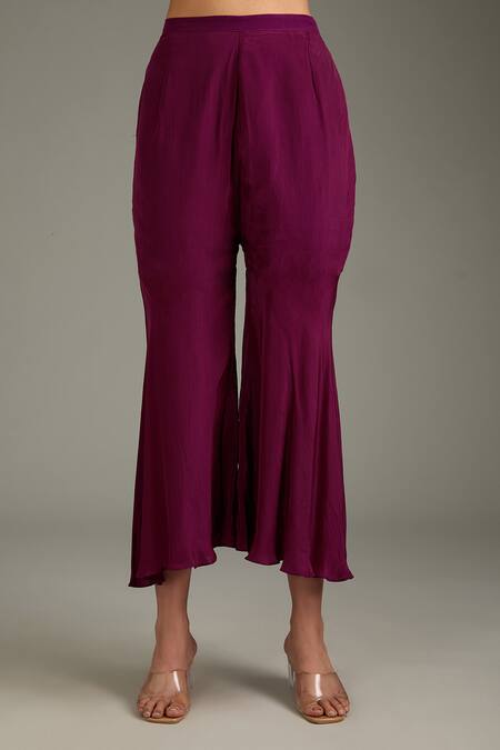 Buy_Label Deepshika Agarwal_Wine Cotton, Silk Embroidery Asymmetric Hand Kurta And Pant Set _Online_at_Aza_Fashions