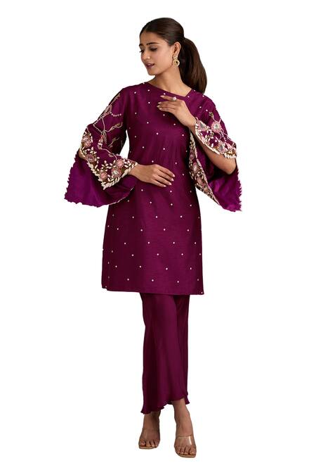 Shop Label Deepshika Agarwal Wine Cotton, Silk Embroidery Asymmetric Hand Kurta And Pant Set Online at Aza Fashions Shop_Label Deepshika Agarwal_Wine Cotton, Silk Embroidery Asymmetric Hand Kurta And Pant Set _Online_at_Aza_Fashions