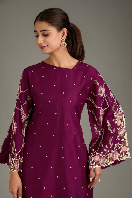 Label Deepshika Agarwal_Wine Cotton, Silk Embroidery Asymmetric Hand Kurta And Pant Set _at_Aza_Fashions