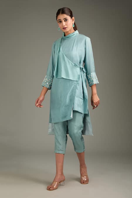 Label Deepshika Agarwal Blue Cotton, Silk Embroidery Cowl Neck Overlapped Wrap Kurta And Pant Set 