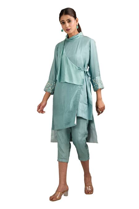 Label Deepshika Agarwal Blue Cotton, Silk Embroidery Cowl Neck Overlapped Wrap Kurta And Pant Set Online at Aza Fashions Label Deepshika Agarwal_Blue Cotton, Silk Embroidery Cowl Neck Overlapped Wrap Kurta And Pant Set _Online_at_Aza_Fashions