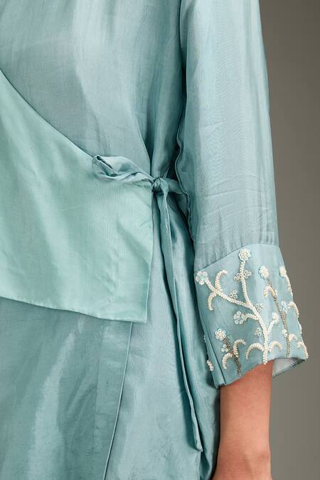 Buy_Label Deepshika Agarwal_Blue Cotton, Silk Embroidery Cowl Neck Overlapped Wrap Kurta And Pant Set _Online_at_Aza_Fashions