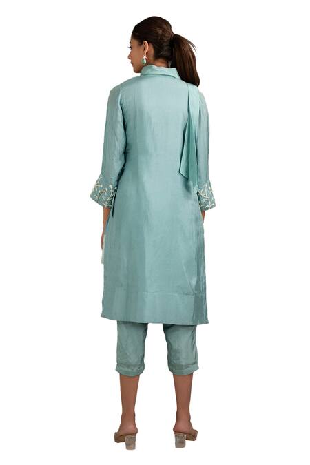 Shop Label Deepshika Agarwal Blue Cotton, Silk Embroidery Cowl Neck Overlapped Wrap Kurta And Pant Set Online at Aza Fashions Shop_Label Deepshika Agarwal_Blue Cotton, Silk Embroidery Cowl Neck Overlapped Wrap Kurta And Pant Set _Online_at_Aza_Fashions