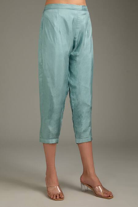 Label Deepshika Agarwal_Blue Cotton, Silk Embroidery Cowl Neck Overlapped Wrap Kurta And Pant Set _at_Aza_Fashions