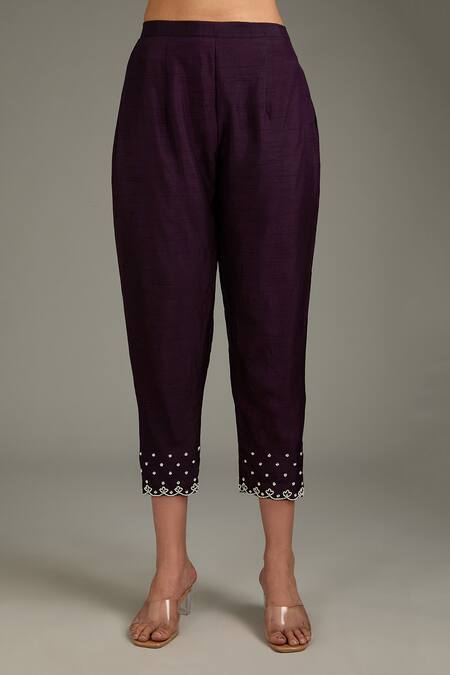 Label Deepshika Agarwal_Wine Silk Embroidery, Metallic Thread V-neck Moti Kurta And Pant Set _Online_at_Aza_Fashions