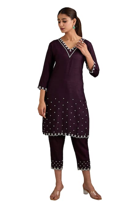 Buy Label Deepshika Agarwal Wine Silk Embroidery, Metallic Thread V-neck Moti Kurta And Pant Set Online at Aza Fashions Buy_Label Deepshika Agarwal_Wine Silk Embroidery, Metallic Thread V-neck Moti Kurta And Pant Set _Online_at_Aza_Fashions