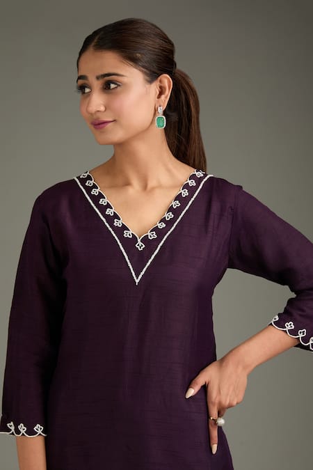 Shop_Label Deepshika Agarwal_Wine Silk Embroidery, Metallic Thread V-neck Moti Kurta And Pant Set _Online_at_Aza_Fashions