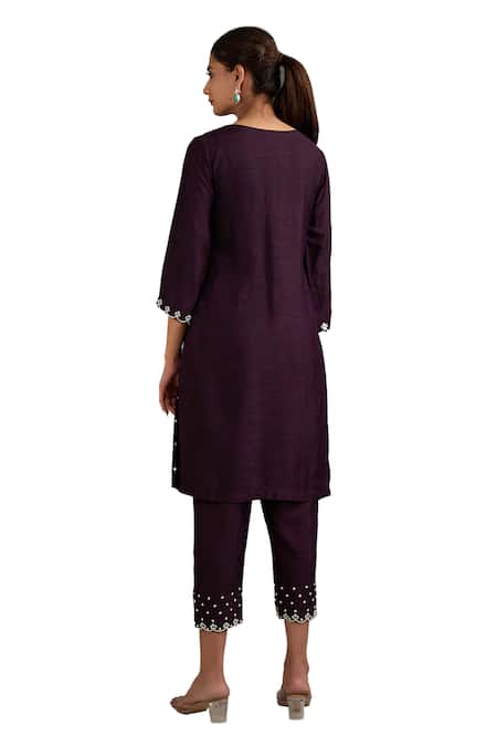 Label Deepshika Agarwal Wine Silk Embroidery, Metallic Thread V-neck Moti Kurta And Pant Set at Aza Fashions Label Deepshika Agarwal_Wine Silk Embroidery, Metallic Thread V-neck Moti Kurta And Pant Set _at_Aza_Fashions