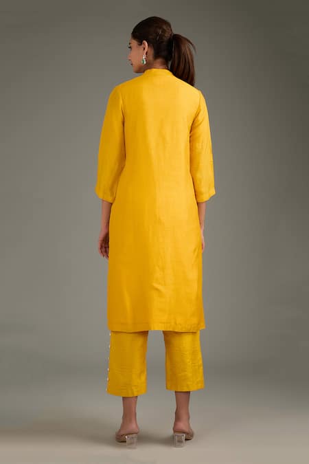 Shop_Label Deepshika Agarwal_Yellow Silk Mirrors Mandarin Collar Floral Work Border Kurta And Pant Set _at_Aza_Fashions