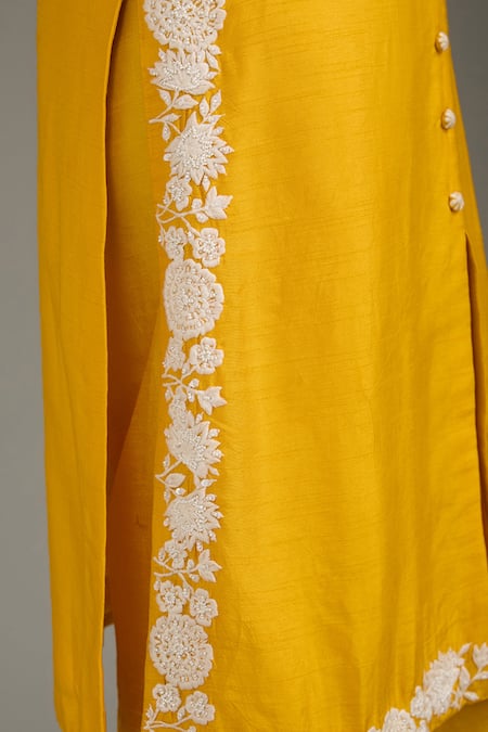 Label Deepshika Agarwal_Yellow Silk Mirrors Mandarin Collar Floral Work Border Kurta And Pant Set _Online_at_Aza_Fashions
