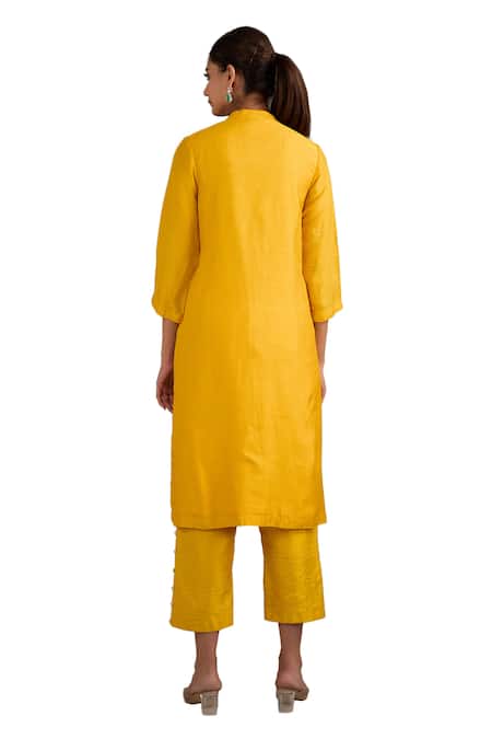 Buy Label Deepshika Agarwal Yellow Silk Mirrors Mandarin Collar Floral Work Border Kurta And Pant Set Online at Aza Fashions Buy_Label Deepshika Agarwal_Yellow Silk Mirrors Mandarin Collar Floral Work Border Kurta And Pant Set _Online_at_Aza_Fashions