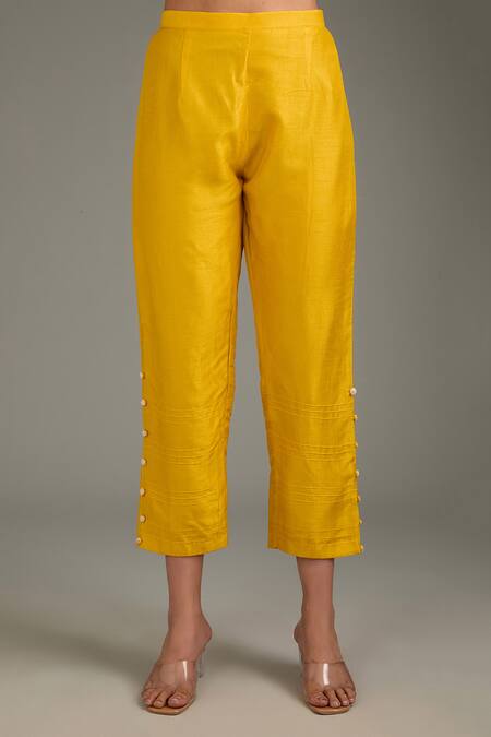 Shop_Label Deepshika Agarwal_Yellow Silk Mirrors Mandarin Collar Floral Work Border Kurta And Pant Set _Online_at_Aza_Fashions