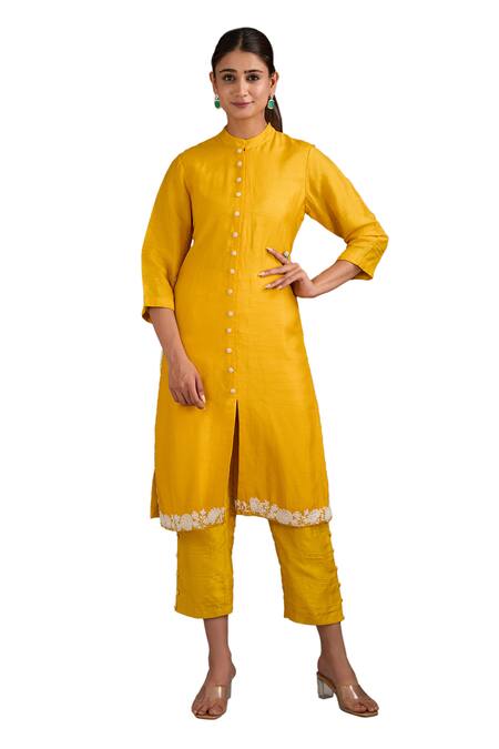 Label Deepshika Agarwal Yellow Silk Mirrors Mandarin Collar Floral Work Border Kurta And Pant Set at Aza Fashions Label Deepshika Agarwal_Yellow Silk Mirrors Mandarin Collar Floral Work Border Kurta And Pant Set _at_Aza_Fashions