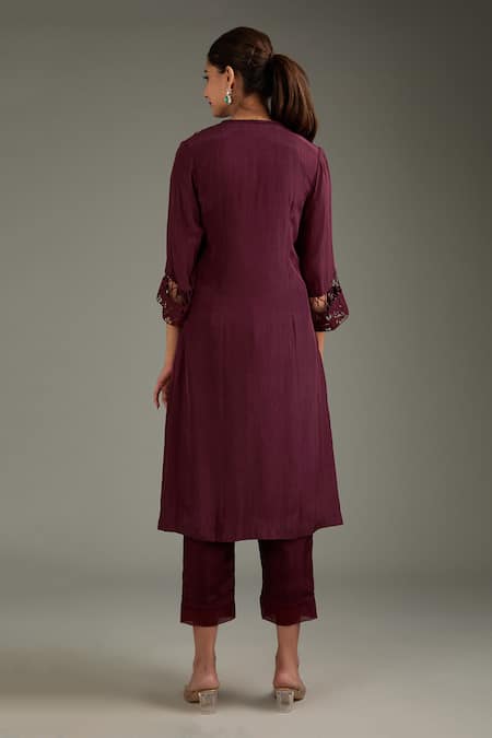 Label Deepshika Agarwal Wine Cotton, Silk Embroidery, Cut Work Round Neck Yoke Kurta And Pant Set 