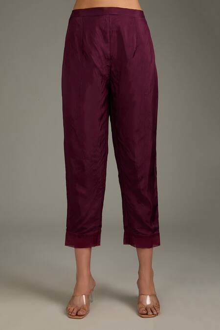 Label Deepshika Agarwal_Wine Cotton, Silk Embroidery, Cut Work Round Neck Yoke Kurta And Pant Set _Online_at_Aza_Fashions