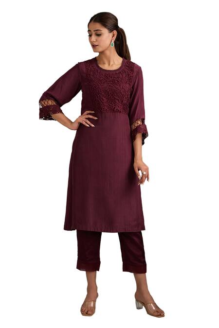 Buy Label Deepshika Agarwal Wine Cotton, Silk Embroidery, Cut Work Round Neck Yoke Kurta And Pant Set Online at Aza Fashions Buy_Label Deepshika Agarwal_Wine Cotton, Silk Embroidery, Cut Work Round Neck Yoke Kurta And Pant Set _Online_at_Aza_Fashions