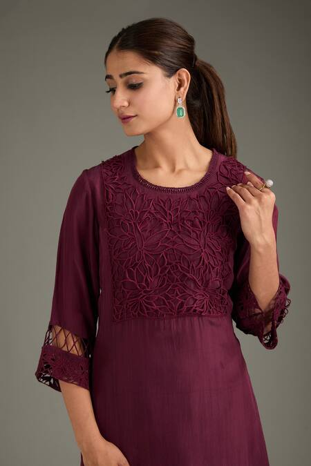 Shop_Label Deepshika Agarwal_Wine Cotton, Silk Embroidery, Cut Work Round Neck Yoke Kurta And Pant Set _Online_at_Aza_Fashions