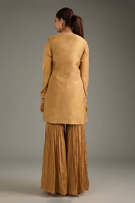 Shop_Label Deepshika Agarwal_Beige Tissue, Silk, Organza Tassels, Embroidery, Zari Round Kurta Sharara Set _at_Aza_Fashions