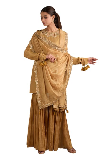 Label Deepshika Agarwal Beige Tissue, Silk, Organza Tassels, Embroidery, Zari Round Kurta Sharara Set Online at Aza Fashions Label Deepshika Agarwal_Beige Tissue, Silk, Organza Tassels, Embroidery, Zari Round Kurta Sharara Set _Online_at_Aza_Fashions