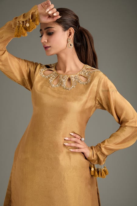 Buy_Label Deepshika Agarwal_Beige Tissue, Silk, Organza Tassels, Embroidery, Zari Round Kurta Sharara Set _Online_at_Aza_Fashions