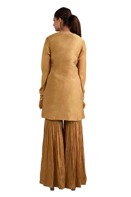 Shop Label Deepshika Agarwal Beige Tissue, Silk, Organza Tassels, Embroidery, Zari Round Kurta Sharara Set Online at Aza Fashions Shop_Label Deepshika Agarwal_Beige Tissue, Silk, Organza Tassels, Embroidery, Zari Round Kurta Sharara Set _Online_at_Aza_Fashions