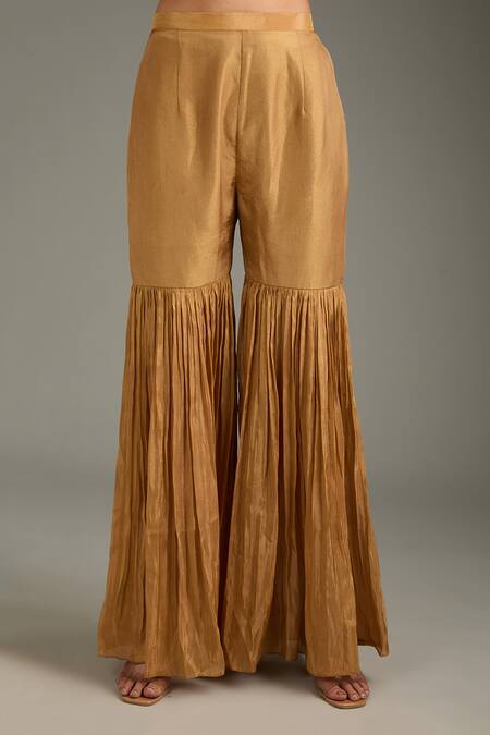 Label Deepshika Agarwal_Beige Tissue, Silk, Organza Tassels, Embroidery, Zari Round Kurta Sharara Set _at_Aza_Fashions