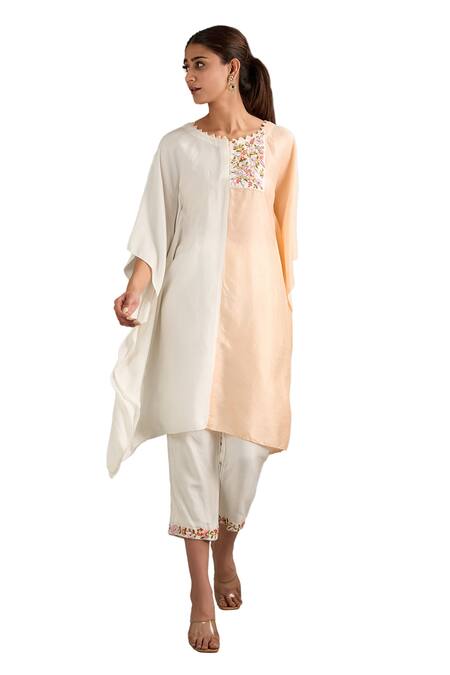 Buy Label Deepshika Agarwal White Couture Silk Hand Embroidered Floral Round Placed Patch Kaftan And Pant Set Online at Aza Fashions Buy_Label Deepshika Agarwal_White Couture Silk Hand Embroidered Floral Round Placed Patch Kaftan And Pant Set _Online_at_Aza_Fashions