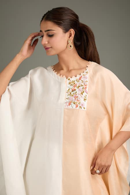 Shop_Label Deepshika Agarwal_White Couture Silk Hand Embroidered Floral Round Placed Patch Kaftan And Pant Set _Online_at_Aza_Fashions