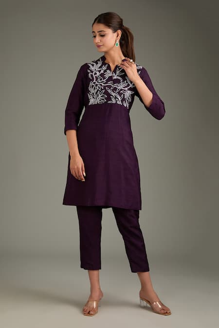 Label Deepshika Agarwal Wine Cotton, Silk Embroidery Bandeau Neck Hand Kurta With Pant 
