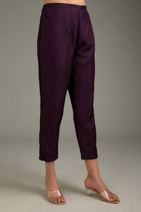 Label Deepshika Agarwal_Wine Cotton, Silk Embroidery Bandeau Neck Hand Kurta With Pant _Online_at_Aza_Fashions