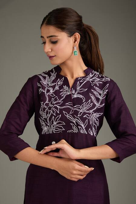 Shop_Label Deepshika Agarwal_Wine Cotton, Silk Embroidery Bandeau Neck Hand Kurta With Pant _Online_at_Aza_Fashions