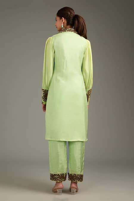 Shop_Label Deepshika Agarwal_Green Silk Embroidery, Cut Work Collared Kurta And Pant Set _at_Aza_Fashions