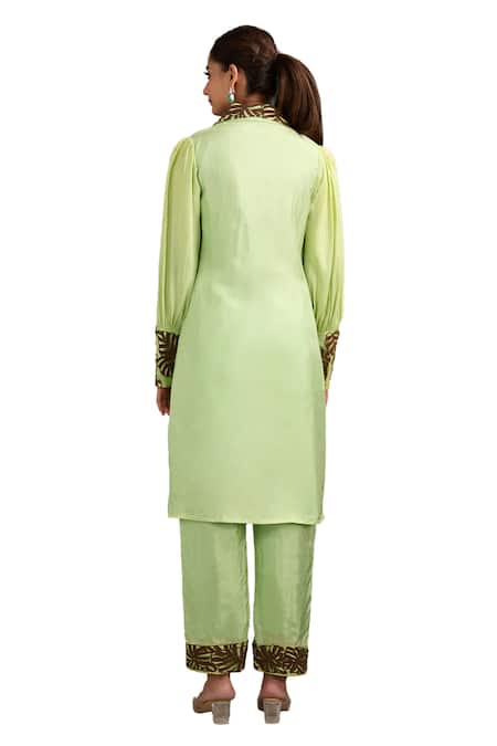 Label Deepshika Agarwal_Green Silk Embroidery, Cut Work Collared Kurta And Pant Set _Online_at_Aza_Fashions