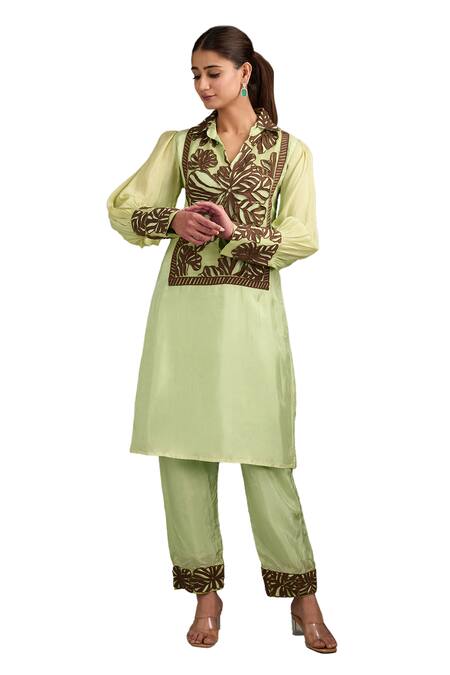 Shop_Label Deepshika Agarwal_Green Silk Embroidery, Cut Work Collared Kurta And Pant Set _Online_at_Aza_Fashions