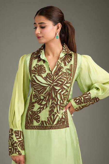 Label Deepshika Agarwal_Green Silk Embroidery, Cut Work Collared Kurta And Pant Set _at_Aza_Fashions