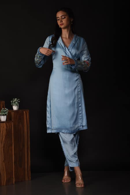 Label Deepshika Agarwal_Blue Satin, Silk Embroidery, Beads Collared Floral Wrap Kurta With Pant _Online_at_Aza_Fashions
