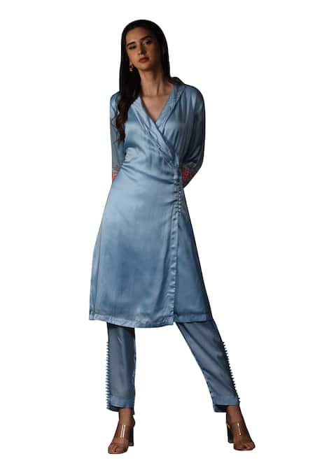 Buy Label Deepshika Agarwal Blue Satin, Silk Embroidery, Beads Collared Floral Wrap Kurta With Pant Online at Aza Fashions Buy_Label Deepshika Agarwal_Blue Satin, Silk Embroidery, Beads Collared Floral Wrap Kurta With Pant _Online_at_Aza_Fashions