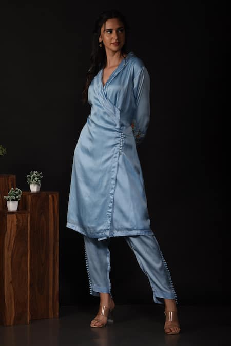 Label Deepshika Agarwal_Blue Satin, Silk Embroidery, Beads Collared Floral Wrap Kurta With Pant _at_Aza_Fashions