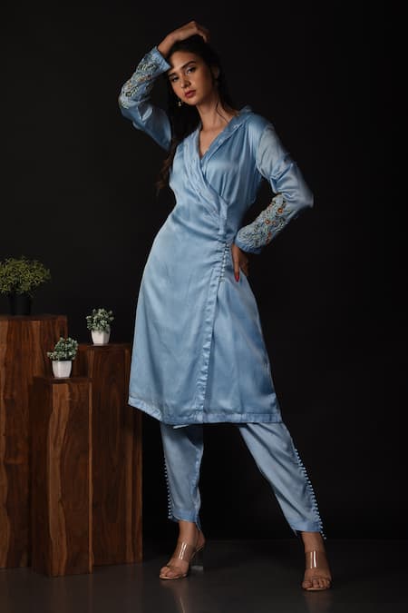 Buy_Label Deepshika Agarwal_Blue Satin, Silk Embroidery, Beads Collared Floral Wrap Kurta With Pant 