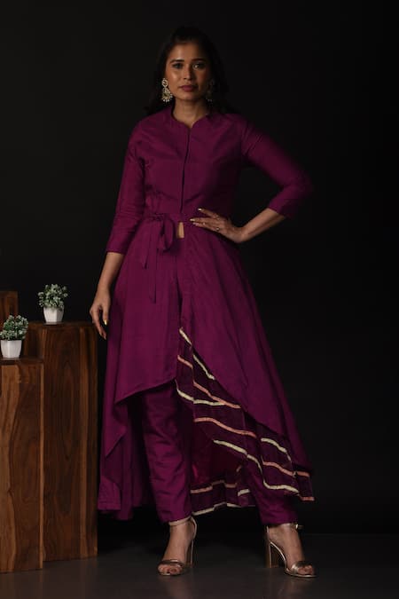 Label Deepshika Agarwal Purple Silk, Organza Embroidery Bandeau Neck High Low Front Slit Kurta With Pant 
