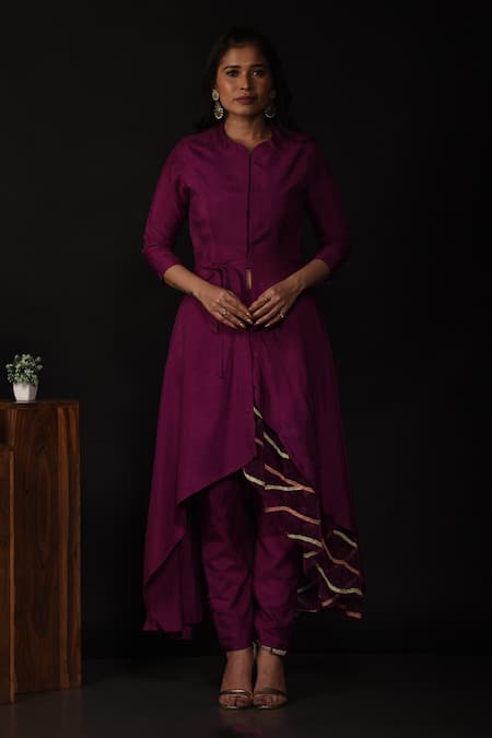 Shop_Label Deepshika Agarwal_Purple Silk, Organza Embroidery Bandeau Neck High Low Front Slit Kurta With Pant _at_Aza_Fashions