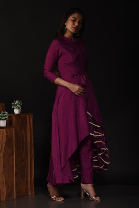 Label Deepshika Agarwal_Purple Silk, Organza Embroidery Bandeau Neck High Low Front Slit Kurta With Pant _Online_at_Aza_Fashions