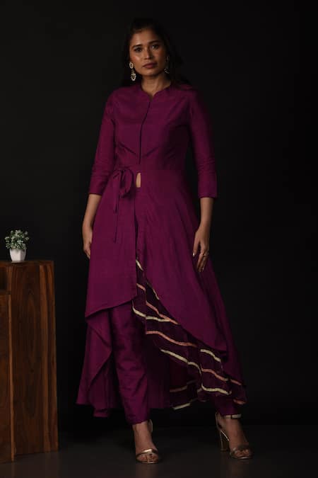 Buy_Label Deepshika Agarwal_Purple Silk, Organza Embroidery Bandeau Neck High Low Front Slit Kurta With Pant _Online_at_Aza_Fashions