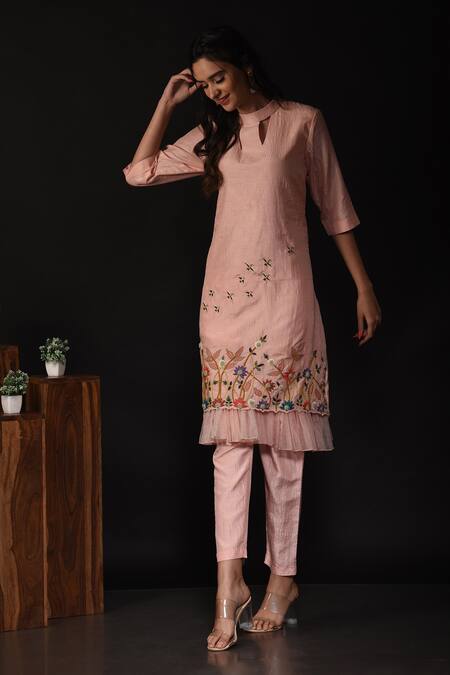 Buy_Label Deepshika Agarwal_Peach Silk, Organza Embroidery Round Neck Birds Kurta With Pant _Online_at_Aza_Fashions