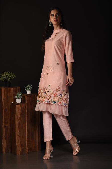 Shop_Label Deepshika Agarwal_Peach Silk, Organza Embroidery Round Neck Birds Kurta With Pant _Online_at_Aza_Fashions